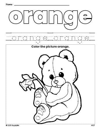 Free teddy bear color orange coloring page and color worksheet, orange worksheet for preschoolers to learn colors, printable PDF