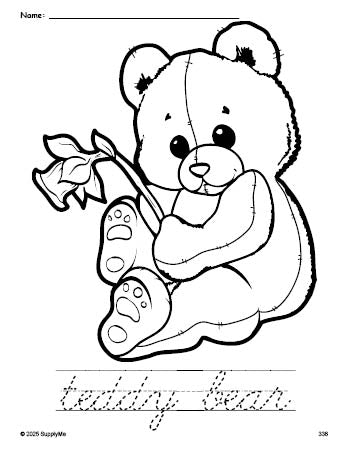 Free printable teddy bear coloring page and cursive word tracing worksheet, perfect for preschool, pre-k, and kindergarten, PDF