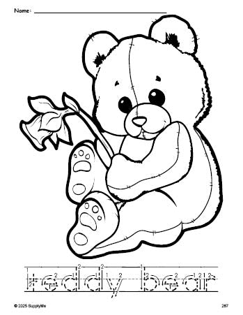 Free printable teddy bear coloring page and word tracing worksheet, letter formation guides, perfect for preschool, pre-k, and kindergarten, PDF