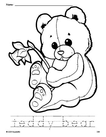 Free printable teddy bear coloring page and word tracing worksheet, perfect for preschool, pre-k, and kindergarten, PDF