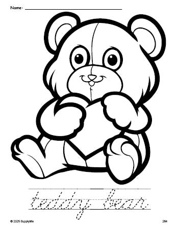 Free printable teddy bear Valentine's Day coloring page and cursive word tracing worksheet, perfect for preschool, pre-k, and kindergarten, PDF