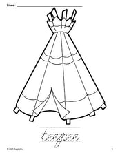 Free printable teepee Thanksgiving coloring page and cursive word tracing worksheet, perfect for preschool, pre-k, and kindergarten, PDF