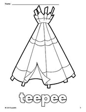 Free printable teepee Thanksgiving coloring page for preschool, pre-k, and kindergarten, PDF