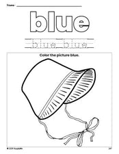 Free Thanksgiving bonnet color blue coloring page and color worksheet, blue worksheet for preschoolers to learn colors, printable PDF