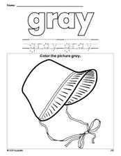 Free Thanksgiving bonnet color gray coloring page and color worksheet, gray worksheet for preschoolers to learn colors, printable PDF