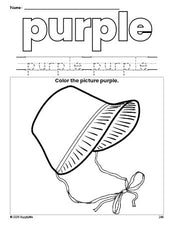 Free Thanksgiving bonnet color purple coloring page and color worksheet, purple worksheet for preschoolers to learn colors, printable PDF