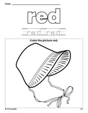 Free Thanksgiving bonnet color red coloring page and color worksheet, red worksheet for preschoolers to learn colors, printable PDF
