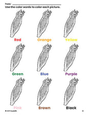 Free Thanksgiving corn coloring page and color worksheet for preschoolers to learn colors, printable PDF