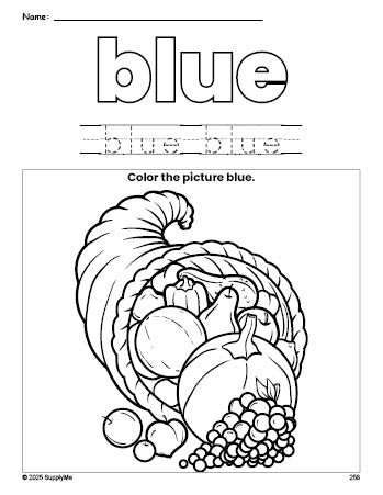 Free Thanksgiving cornucopia color blue coloring page and color worksheet, blue worksheet for preschoolers to learn colors, printable PDF