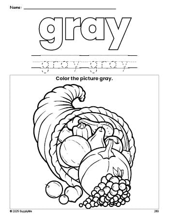 Free Thanksgiving cornucopia color gray coloring page and color worksheet, gray worksheet for preschoolers to learn colors, printable PDF