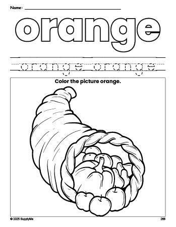 Free Thanksgiving cornucopia color orange coloring page and color worksheet, orange worksheet for preschoolers to learn colors, printable PDF
