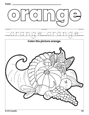 Free Thanksgiving cornucopia color orange coloring page and color worksheet, orange worksheet for preschoolers to learn colors, printable PDF