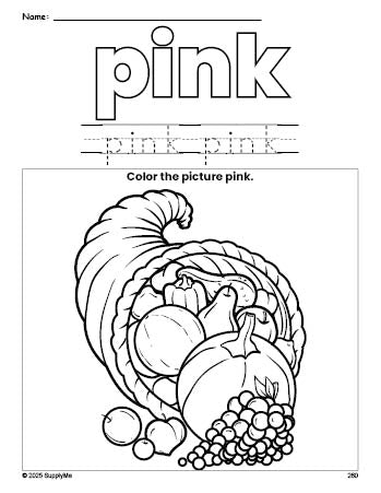 Free Thanksgiving cornucopia color pink coloring page and color worksheet, pink worksheet for preschoolers to learn colors, printable PDF