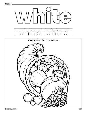 Free Thanksgiving cornucopia color white coloring page and color worksheet, white worksheet for preschoolers to learn colors, printable PDF
