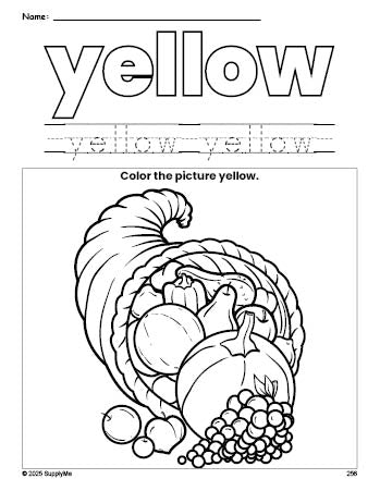 Free Thanksgiving cornucopia color yellow coloring page and color worksheet, yellow worksheet for preschoolers to learn colors, printable PDF