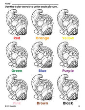 Free Thanksgiving cornucopia coloring page and color worksheet for preschoolers to learn colors, printable PDF