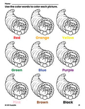 Free Thanksgiving cornucopia coloring page and color worksheet for preschoolers to learn colors, printable PDF