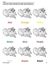 Free Thanksgiving cornucopia coloring page and color worksheet for preschoolers to learn colors, printable PDF