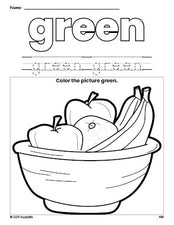 Free Thanksgiving fruit color green coloring page and color worksheet, green worksheet for preschoolers to learn colors, printable PDF