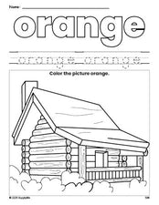 Free Thanksgiving log cabin color orange coloring page and color worksheet, orange worksheet for preschoolers to learn colors, printable PDF