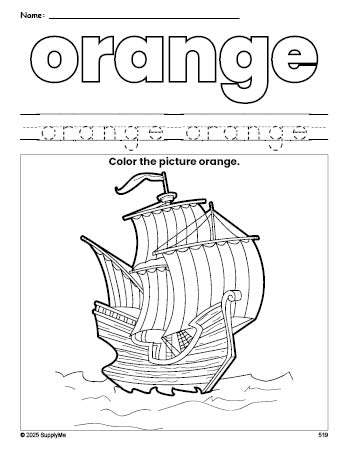 Free Thanksgiving Mayflower color orange coloring page and color worksheet, orange worksheet for preschoolers to learn colors, printable PDF