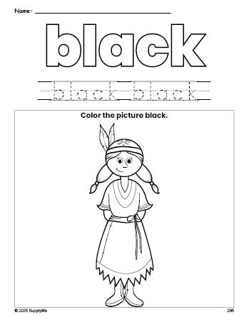 Free Thanksgiving Native American color black coloring page and color worksheet, black worksheet for preschoolers to learn colors, printable PDF