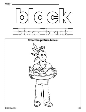 Free Thanksgiving Native American color black coloring page and color worksheet, black worksheet for preschoolers to learn colors, printable PDF