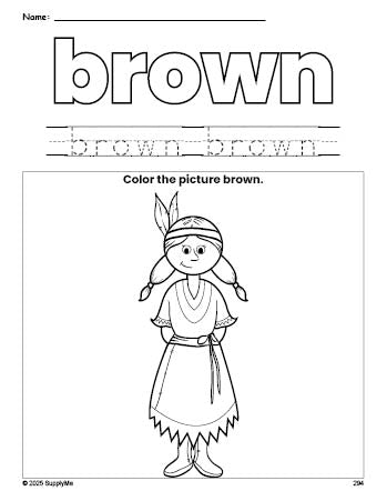 Free Thanksgiving Native American color brown coloring page and color worksheet, brown worksheet for preschoolers to learn colors, printable PDF