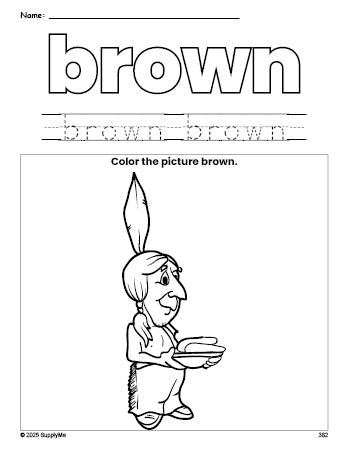 Free Thanksgiving Native American color brown coloring page and color worksheet, brown worksheet for preschoolers to learn colors, printable PDF