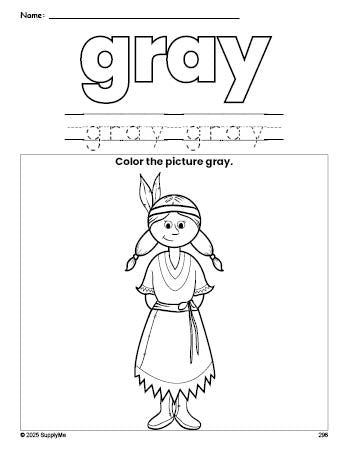 Free Thanksgiving Native American color gray coloring page and color worksheet, gray worksheet for preschoolers to learn colors, printable PDF