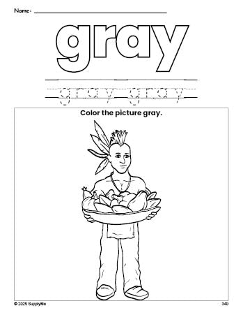 Free Thanksgiving Native American color gray coloring page and color worksheet, gray worksheet for preschoolers to learn colors, printable PDF