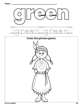 Free Thanksgiving Native American color green coloring page and color worksheet, green worksheet for preschoolers to learn colors, printable PDF