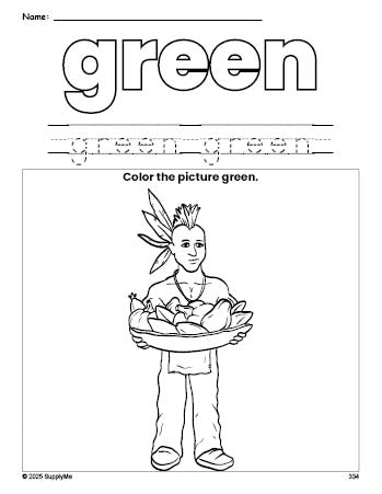 Free Thanksgiving Native American color green coloring page and color worksheet, green worksheet for preschoolers to learn colors, printable PDF