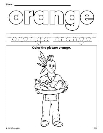 Free Thanksgiving Native American color orange coloring page and color worksheet, orange worksheet for preschoolers to learn colors, printable PDF