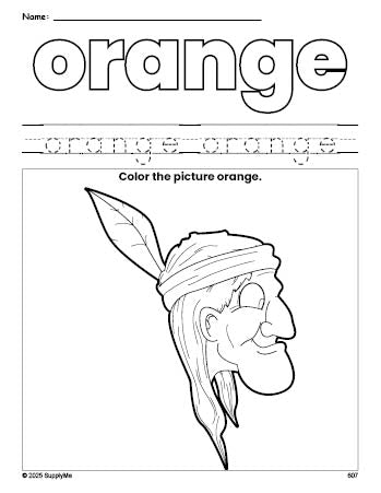 Free Thanksgiving Native American color orange coloring page and color worksheet, orange worksheet for preschoolers to learn colors, printable PDF