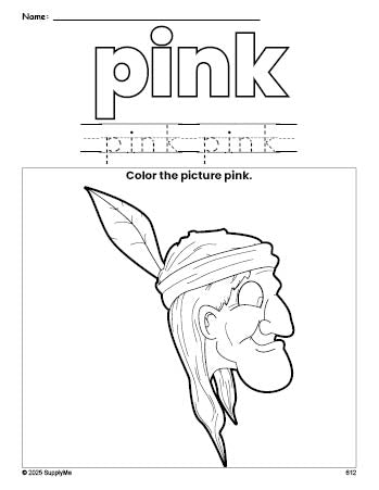 Free Thanksgiving Native American color pink coloring page and color worksheet, pink worksheet for preschoolers to learn colors, printable PDF