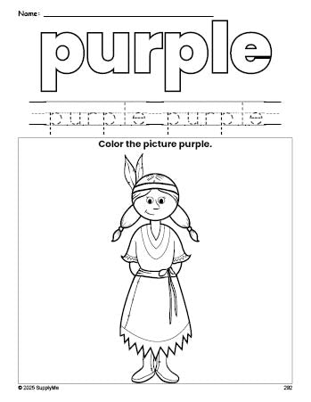 Free Thanksgiving Native American color purple coloring page and color worksheet, purple worksheet for preschoolers to learn colors, printable PDF
