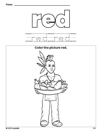 Free Thanksgiving Native American color red coloring page and color worksheet, red worksheet for preschoolers to learn colors, printable PDF