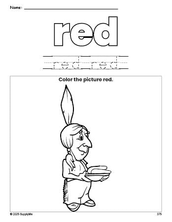 Free Thanksgiving Native American color red coloring page and color worksheet, red worksheet for preschoolers to learn colors, printable PDF
