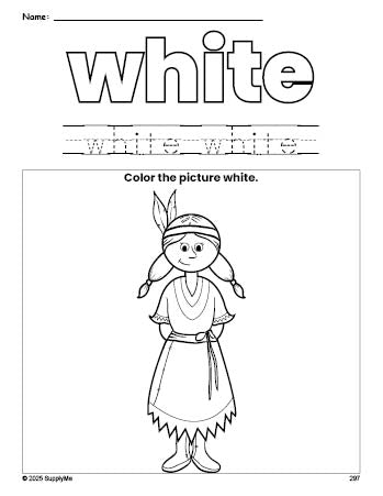 Free Thanksgiving Native American color white coloring page and color worksheet, white worksheet for preschoolers to learn colors, printable PDF