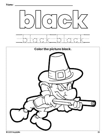 Free Thanksgiving pilgrim color black coloring page and color worksheet, black worksheet for preschoolers to learn colors, printable PDF