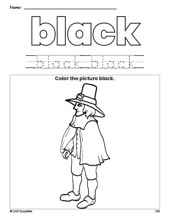 Free Thanksgiving pilgrim color black coloring page and color worksheet, black worksheet for preschoolers to learn colors, printable PDF