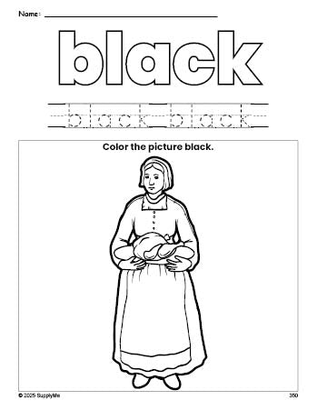 Free Thanksgiving pilgrim color black coloring page and color worksheet, black worksheet for preschoolers to learn colors, printable PDF