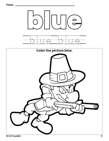 Free Thanksgiving pilgrim color blue coloring page and color worksheet, blue worksheet for preschoolers to learn colors, printable PDF