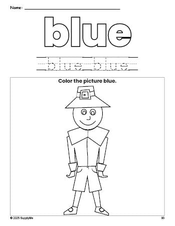 Free Thanksgiving pilgrim color blue coloring page and color worksheet, blue worksheet for preschoolers to learn colors, printable PDF