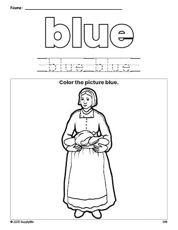 Free Thanksgiving pilgrim color blue coloring page and color worksheet, blue worksheet for preschoolers to learn colors, printable PDF