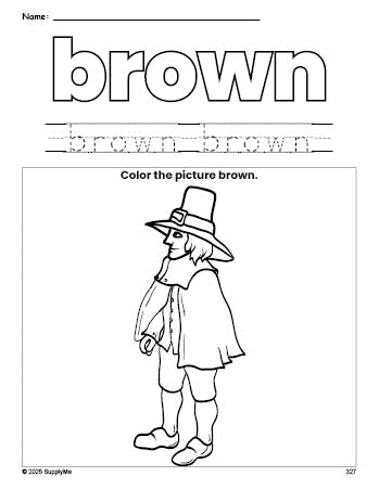 Free Thanksgiving pilgrim color brown coloring page and color worksheet, brown worksheet for preschoolers to learn colors, printable PDF
