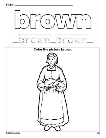Free Thanksgiving pilgrim color brown coloring page and color worksheet, brown worksheet for preschoolers to learn colors, printable PDF