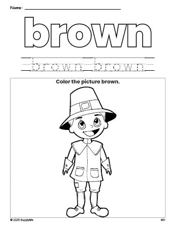 Free Thanksgiving pilgrim color brown coloring page and color worksheet, brown worksheet for preschoolers to learn colors, printable PDF