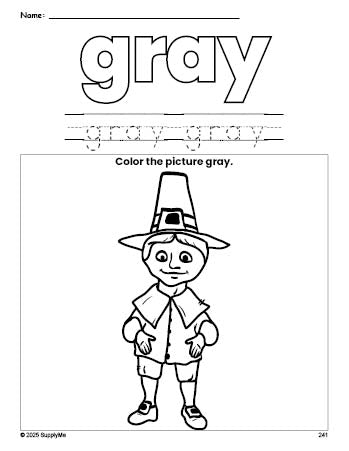 Free Thanksgiving pilgrim color gray coloring page and color worksheet, gray worksheet for preschoolers to learn colors, printable PDF